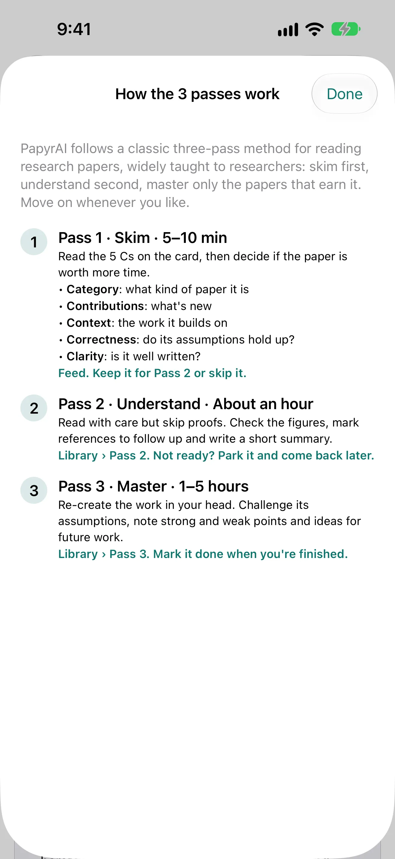 Pass 1 card in PapyrAI showing the 5 Cs of a paper with Keep and Skip actions