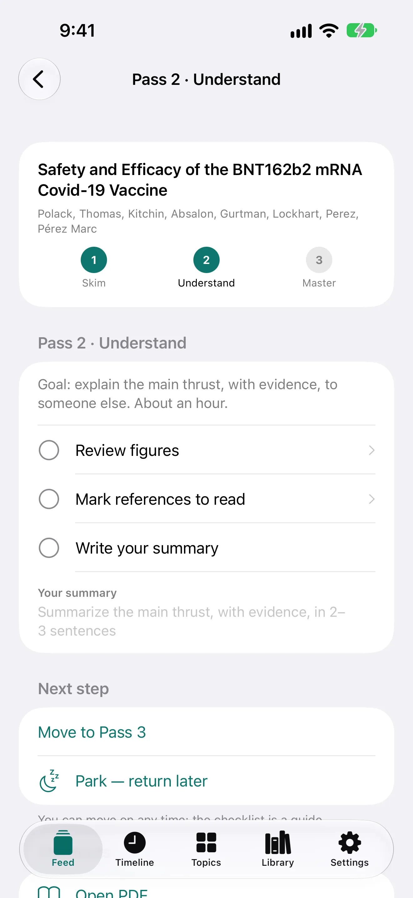 Pass 2 screen in PapyrAI with a figure walkthrough and references to follow up