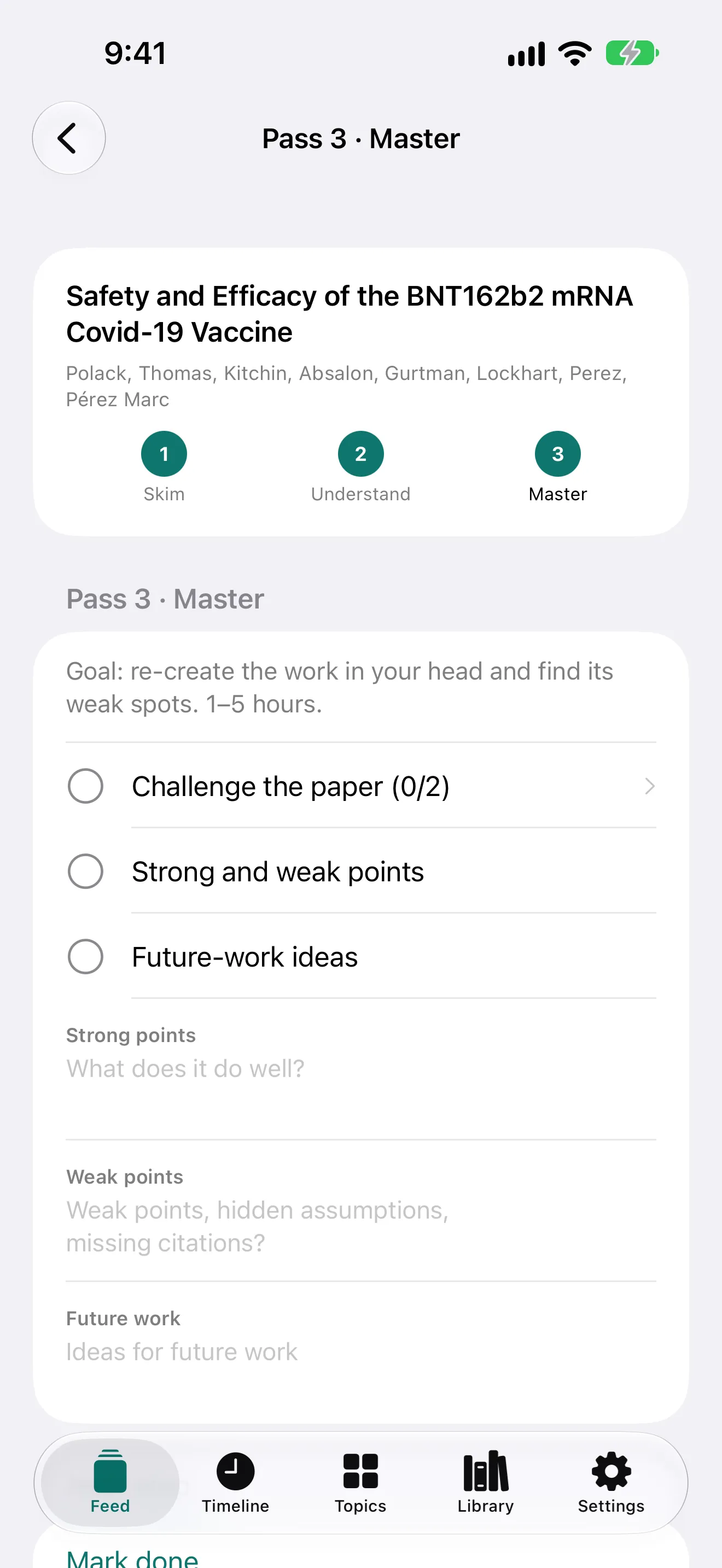 Pass 3 screen in PapyrAI for challenging assumptions and noting strong and weak points